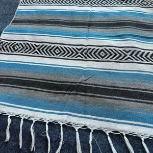 Close-up detail of the woven Mexican serape blanket featuring vibrant blue stripes and fringes.