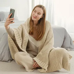 Cozy beige knitted blanket soft sofa throw shawl comfortable home decor use