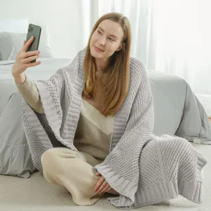 Grey knitted throw blanket detail shot, soft cozy texture for sofa bedroom nap daily use.