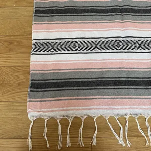 Mexican geometric woven fringe blanket for beach, picnic, and yoga. Cozy cotton throw rug.