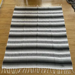 Mexican woven blanket fringe geometric design cotton beach towel picnic mat yoga throw rug