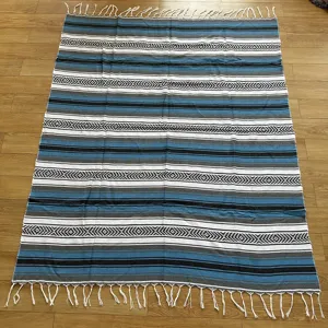 Mexican woven blanket blue grey striped fringe throw blanket casual picnic mat outdoor beach rug