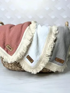 Customizable baby gauze blanket with elegant tassel edge, soft double layer swaddle wrap.