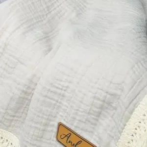Infant gauze blanket with double layer fringe lace border soft newborn swaddle baby blanket detail