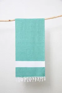 Turks diamant jacquard strandhanddoek detail, groene katoenen geweven badhanddoek franjes.