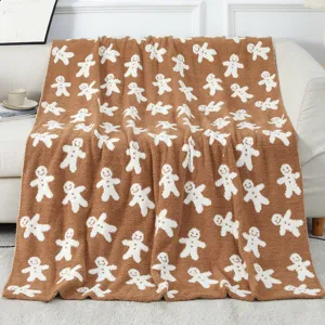 Christmas Blanket Soft Warm Knitted Throw Blanket Gingerbread Man Christmas Tree Pattern Holiday Gift Home Decor