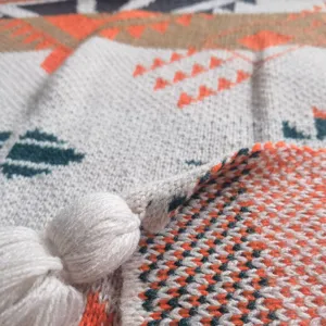Close-up knitted jacquard blanket detail, boho style geometric throw for sofa and nap use.