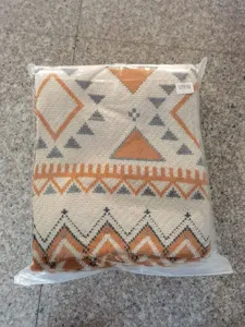 Bohemian style knitted blanket, geometric pattern jacquard throw, cozy sofa and camp blanket.