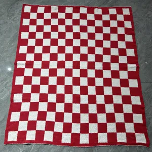 Red and white checkered cozy blanket, soft knit fleece throw for sofa and bed daily use.
