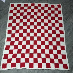 Red white checkerboard plush throw blanket knitted soft warm cozy couch bed blanket