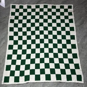 Green and white checkered blanket soft flannel sofa throw cozy knitted blanket home decor