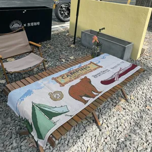 Outdoor camping woven jacquard table runner and blanket with cute bear and tent design.