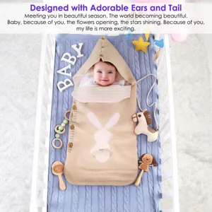 Baby Strick Schlafsack mit Hasenohren, süßes Kapuzendesign für Kinderwagen und Betten.