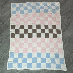 Soft colorful checkered knit blanket, cozy throw for sofa and bedroom daily home use.