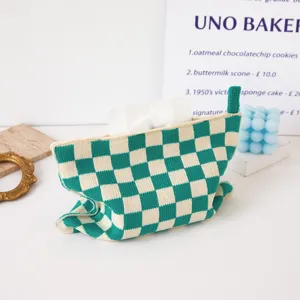 Caja de pañuelos de punto a cuadros verde beige bonita bolsa de almacenamiento de escritorio nuevo