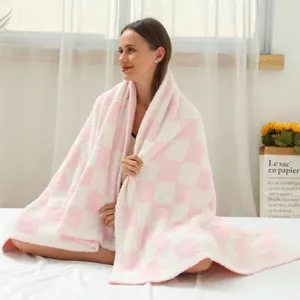 Pink and white checkered soft throw blanket, cozy knitted jacquard blanket for sofa and bed.