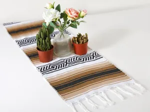 Dettaglio ravvicinato del runner da tavola messicano con strisce geometriche e frange.