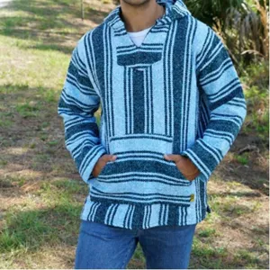 Sweat à Capuche Jacquard Tissé Baja Mexicain Unisexe Manches Longues Pull Décontracté Style Ethnique Sweat à Capuche Rayé
