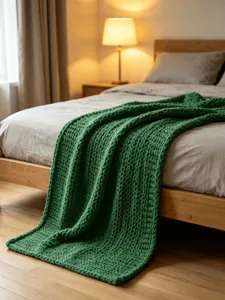 Dark green chunky knit blanket, cozy handmade chenille throw blanket for bed or sofa use.