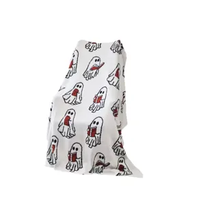 Cozy Halloween Ghost Knitted Blanket Soft Jacquard Throw Blanket for Sofa Bed Holiday Gift