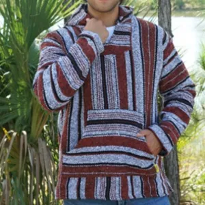 Sweat à capuche tissé rayé traditionnel Baja pour homme avec poche pour tenue décontractée.