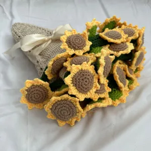 Handcrafted crochet sunflower bouquet blanket, cozy wool knit floral throw gift present.