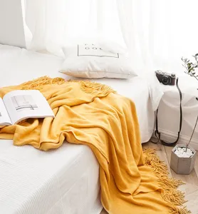 Nordic solid color knitted throw blanket with tassels, cozy sofa bed runner for home decor.
