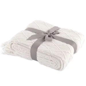 Knit blanket throw with grey ribbon bow and fringe detail, cozy home decor accessory.