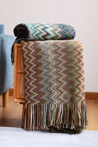 Bohemian chevron knit throw blanket with fringe for sofa couch bed living room decor.