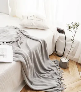 Nordic solid color knitted tassel blanket, soft sofa throw blanket and cozy bed decoration.