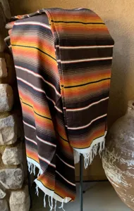 Handcrafted Mexican blanket serape colorful striped woven throw blanket with fringe for beach.