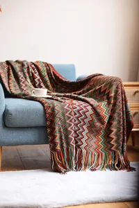 Boho knitted fringe blanket detail showcasing chevron geometric pattern and cozy sofa setup