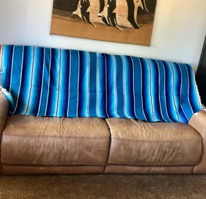Blue striped Mexican blanket woven throw fringe serape blanket for sofa beach picnic table cloth.