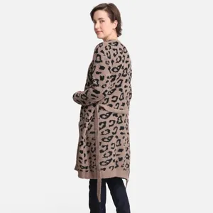 Cardigan vestaglia in maglia con stampa leopardata soffice da donna con cintura accogliente