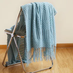 Nordic light blue knitted throw blanket with tassels cozy sofa cover bed runner home decor