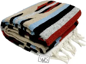 Woven Mexican blanket Aztec tribal style beach throw with fringe and brand tag detailed view