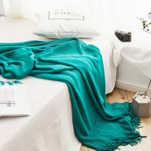 Nordic solid color knitted blanket with tassels, cozy throw for sofa, bed and office use.