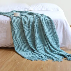 Nordic knitted blanket fringe throw for sofa bed runner elegant home decor textile blue