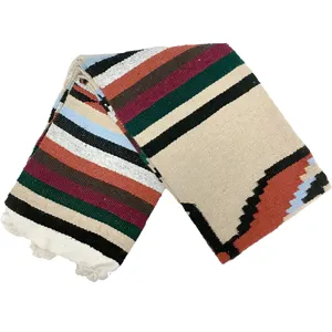 Woven Mexican blanket detail view showcasing colorful striped geometric patterns and fringe decor.