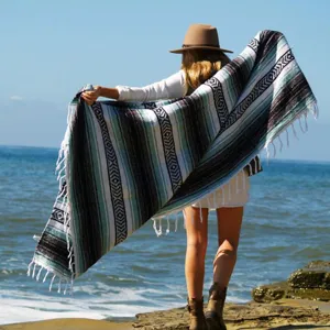 Outdoor beach blanket detail, woven diamond pattern throw with fringe, scenic ocean backdrop.