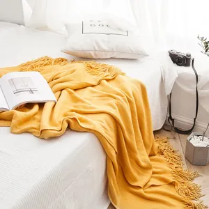 Nordic solid color knitted tassel blanket, soft cozy throw blanket for sofa bed and office use.