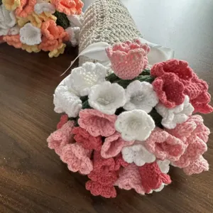 Handmade crochet rose flower bouquet blanket soft wool crafted romantic Valentine gift display item.