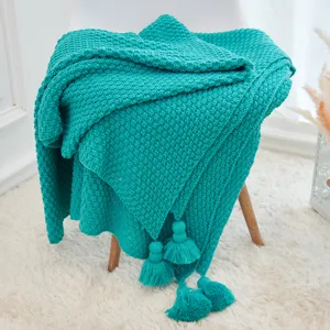 Knitted throw blanket with tassels and pom poms for sofa couch bed summer air conditioning
