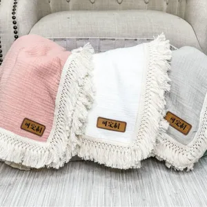 Customizable fringe gauze baby blanket double layer swaddle wrap for newborn infants, soft