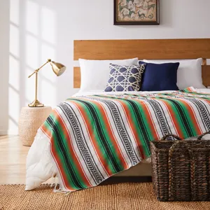 Vue détaillée de la couverture mexicaine tissée à la main sur le lit, motif géométrique.