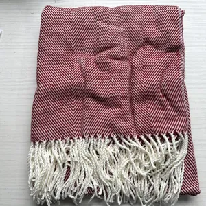 Red white herringbone throw blanket with fringe knitted acrylic couch cover home decor.