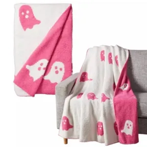 Pink and white ghost throw blanket, soft cozy jacquard knit blanket for Halloween home decor