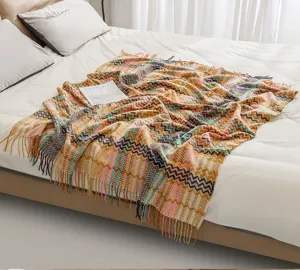 Chenille woven throw blanket bohemian zigzag sofa cover cozy tassel blanket for home decor