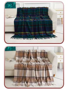 Pure wool plaid tartan throw blanket for home sofa travel, cozy fringe design, warm winter blanket.