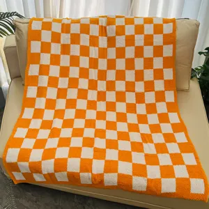 Orange and white checkered blanket soft cozy flannel knit jacquard throw for sofa and bed